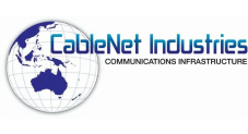 Logo for CableNet Industries featuring a blue globe with Australia and Asia visible, next to the company name in blue text and the words "COMMUNICATIONS INFRASTRUCTURE" in smaller font.
