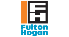 Fulton Hogan logo featuring a black and white geometric "FH" design above the company name in bold blue text, with an orange vertical rectangle on the left side.