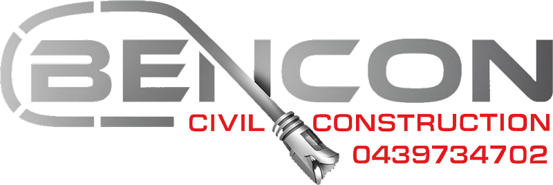 Logo for Bencon Civil Construction featuring the word "BENCON" in gray with a drill head forming part of the letter "N." "CIVIL CONSTRUCTION" and the phone number "0439734702" appear below in red.