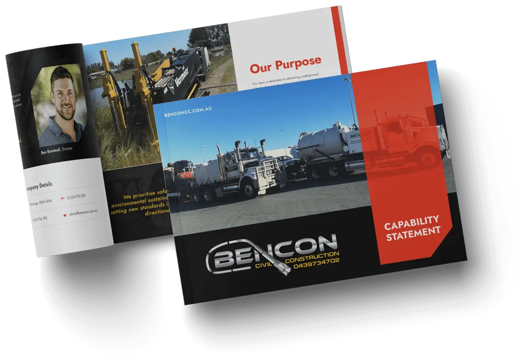 A stack of brochures for Bencon Civil Construction featuring a cover image of trucks and equipment, company logo, contact number, and the text "Capability Statement." Inside pages show a photo of a man and company information.